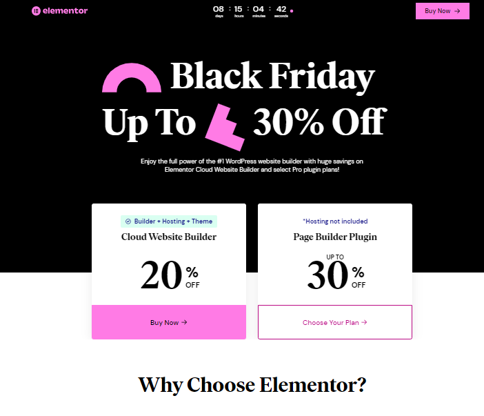 Elementor Black Friday Cyber Monday deal page